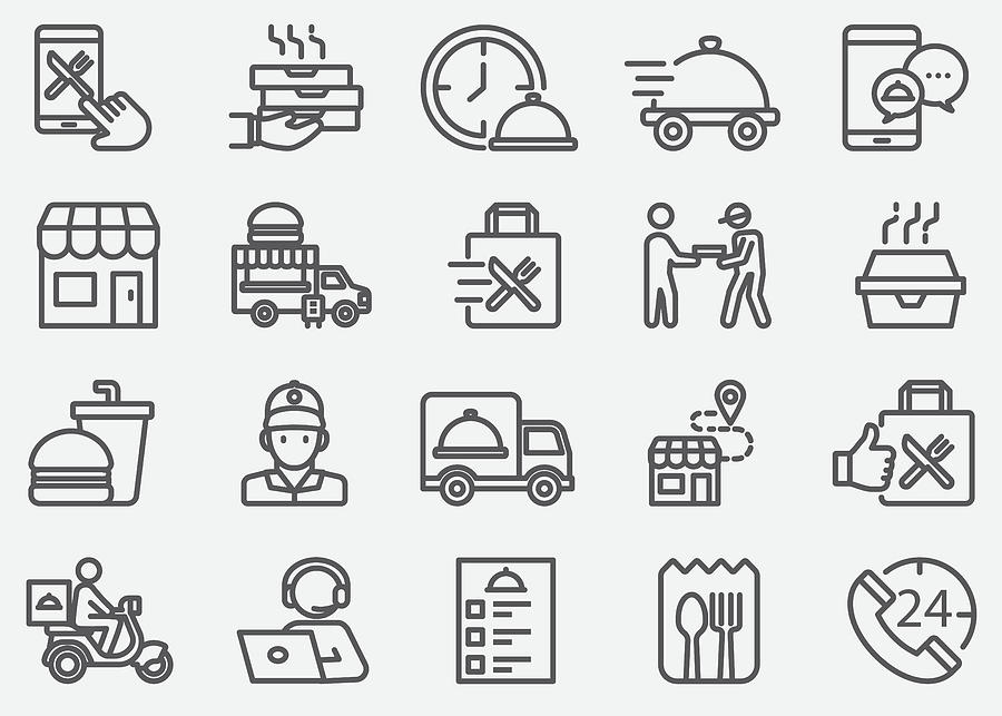 Food Delivery and Take Away Line Icons Drawing by LueratSatichob