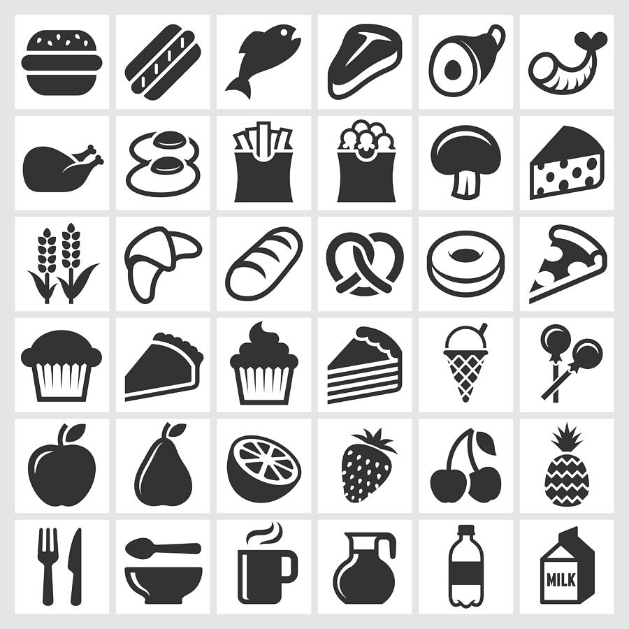 Food on Black and White royalty free vector icon set Drawing by Bubaone