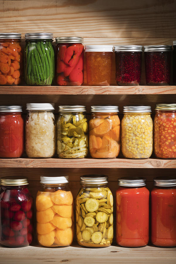 Food Preserves Canning Jars on Shelves, Fruit and Vegetable Storage Photograph by YinYang
