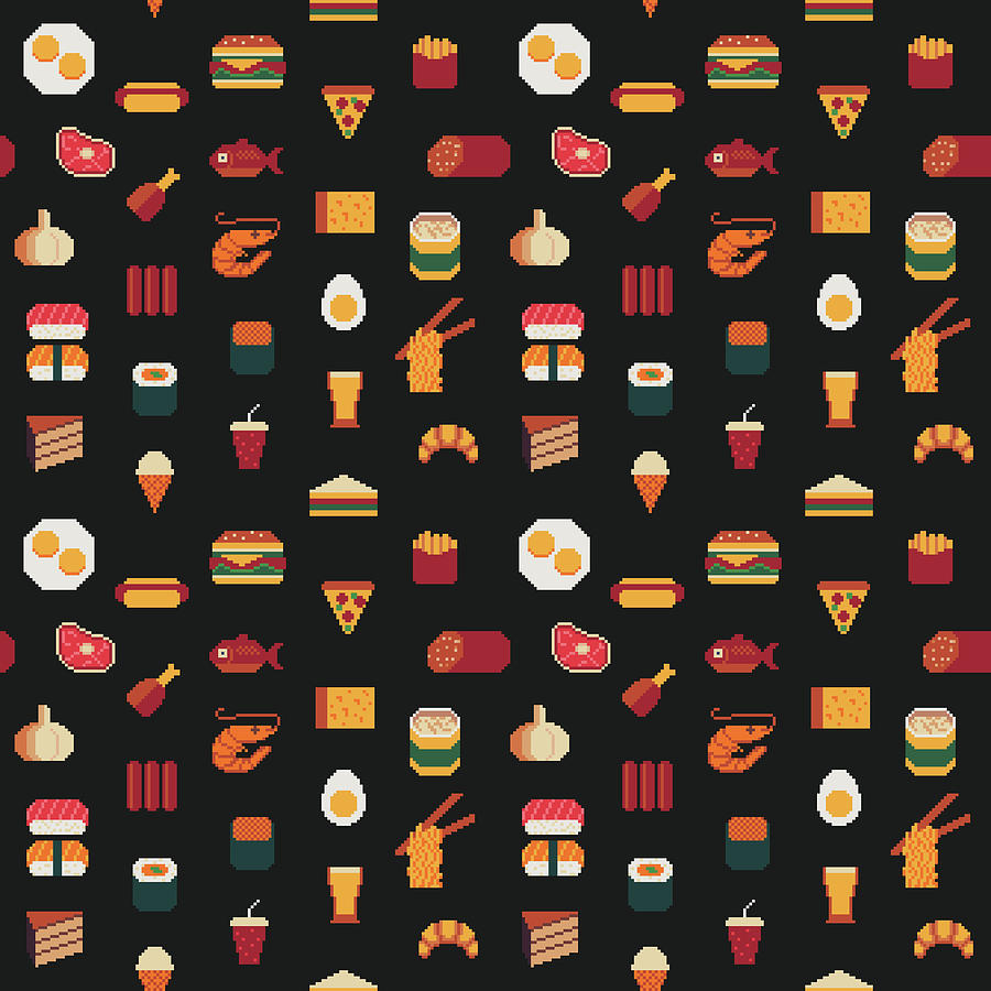 Food seamless pixel art pattern, fabric textures, isolated Fast food,  seafood, meat, rolls and sushi. Drawing by Julien - Pixels