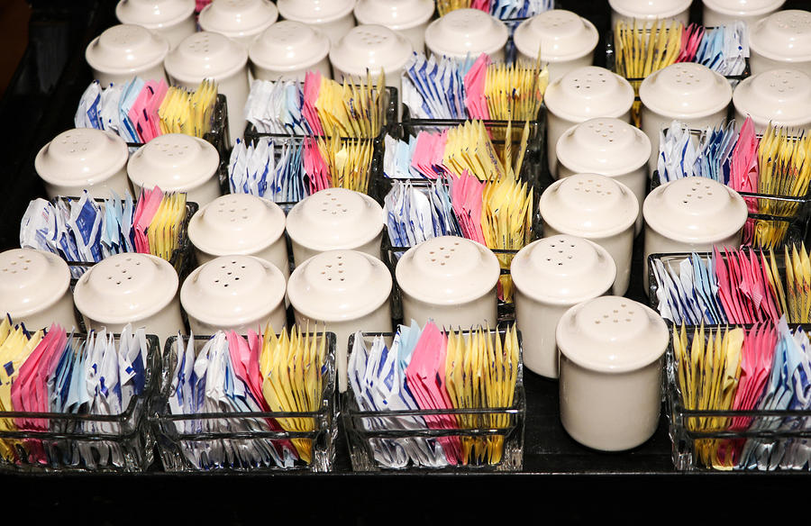 Food service tray with sugar packets, salt and pepper shakers Photograph by Image by Marie LaFauci
