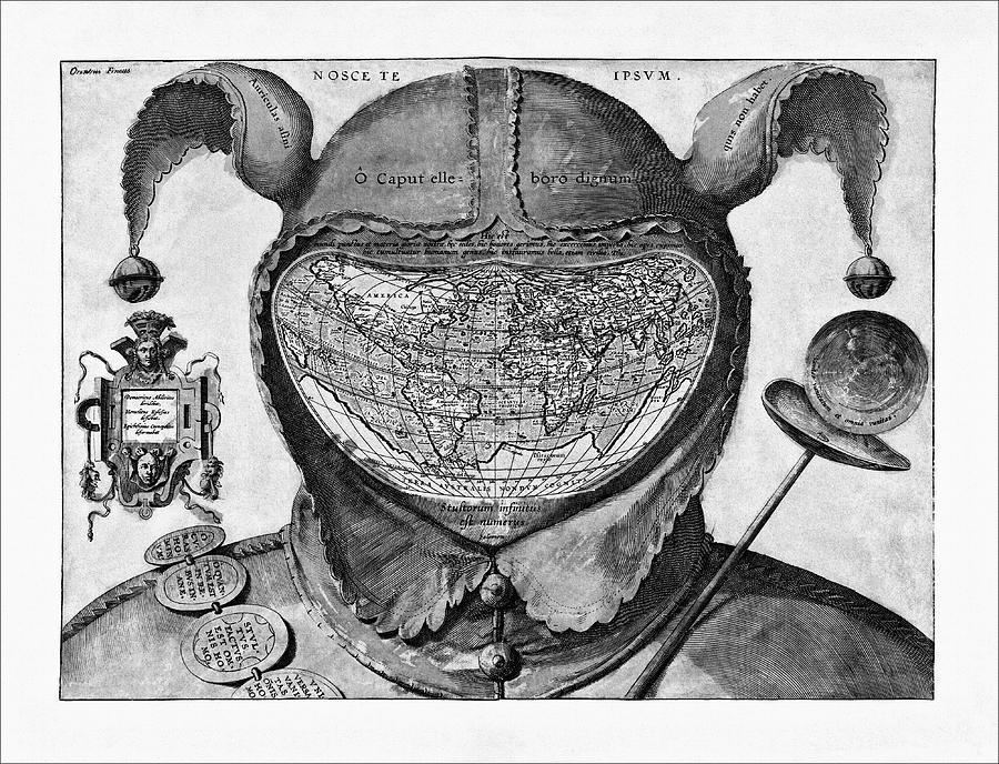 Vintage Photograph - Fools Cap Historic World Map 1590 Black and White  by Carol Japp