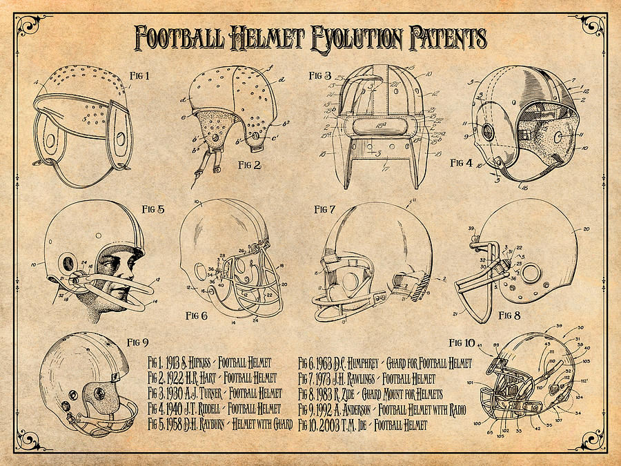 Football Helmet Evolution Patents Antique Paper Print Drawing by Greg