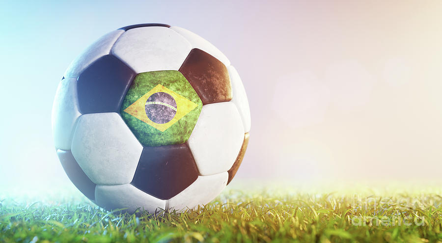 Football Soccer Ball With Flag Of Brazil On Grass Photograph