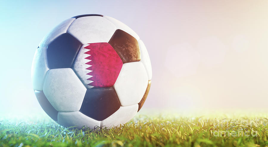 Football Soccer Ball With Flag Of Quatar On Grass Photograph