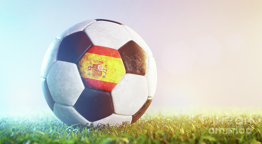Football Soccer Ball With Flag Of Spain On Grass Photograph
