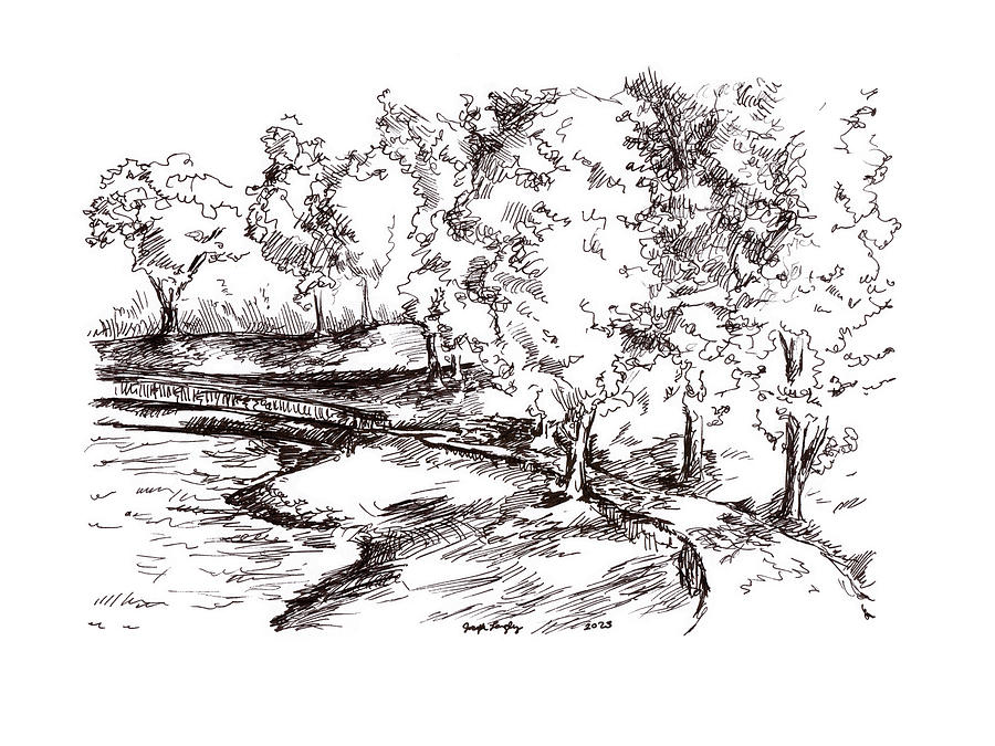Footbridge over the Pond Drawing by Joseph A Langley