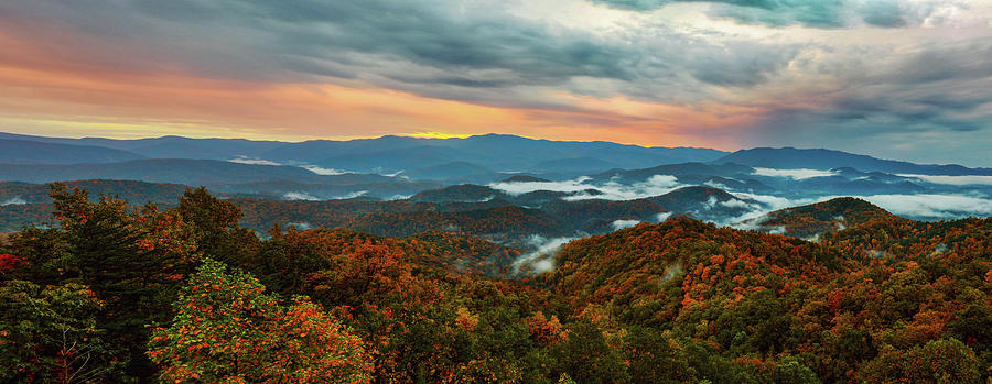 Foothills Parkway Autumn Sunrise Panorama Photograph by Dan Sproul