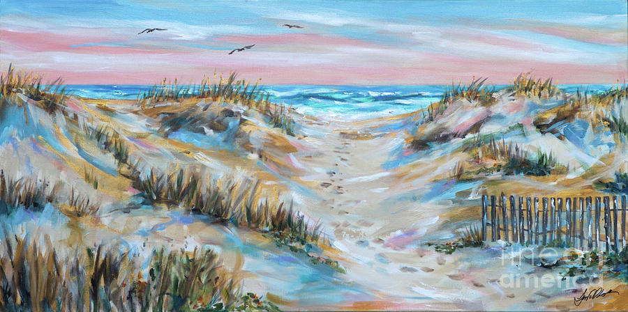 Footprints in Sand Fence Painting by Linda Olsen