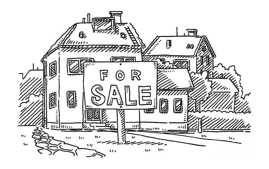 For Sale Sign In Front Of Building Real Estate Drawing Drawing by Frank