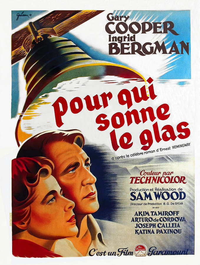 Gary Cooper Mixed Media - For Whom the Bell Toll, with Gary Cooper and Ingrid Bergman, 1943 -b- art by Boris Grinsson  by Movie World Posters