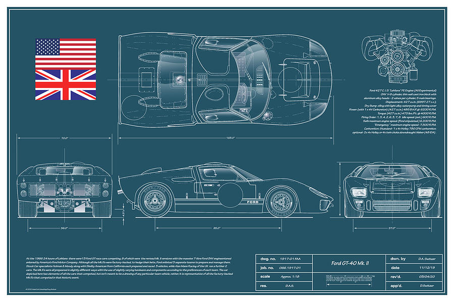 Shelby American Digital Art - Ford GT40 Mk.2 Blueplanprint by Douglas Switzer