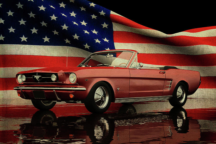 Ford Mustang Convertible 1964 with American flag Digital Art by Jan Keteleer