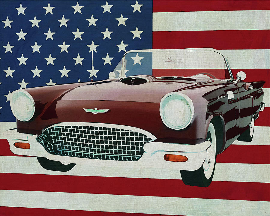 Ford Thunderbird Convertible 1957 with flag of the U.S.A. Painting by Jan Keteleer