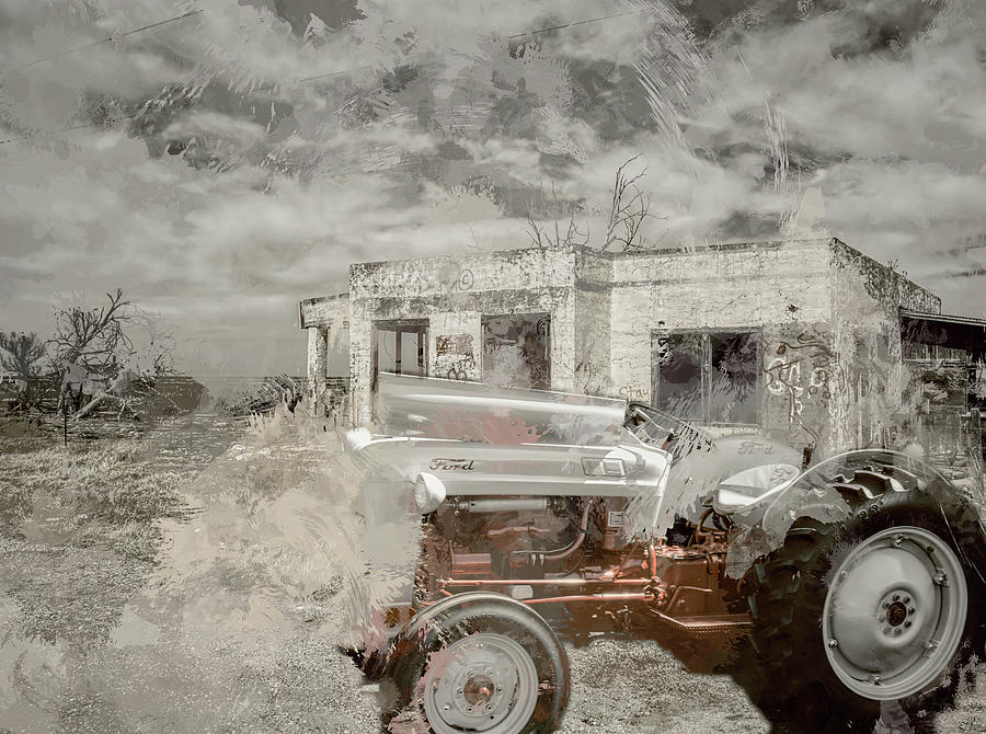 Ford Tractor in front of old gas station Digital Art by Cathy Anderson
