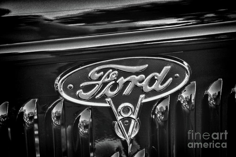 Ford V8 Classic Car Badge black and white Photograph by Paul Ward