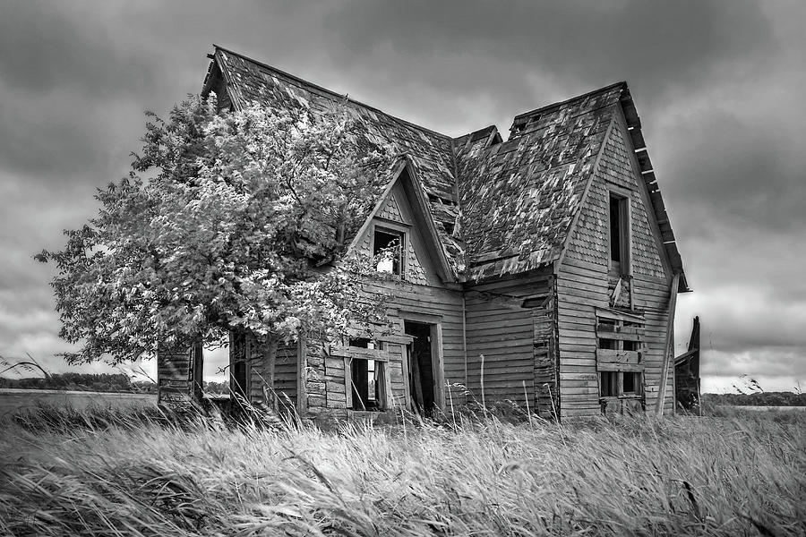 Foreboding -  abandoned farmhouse on the ND prairie by small lake - black and white version Photograph by Peter Herman
