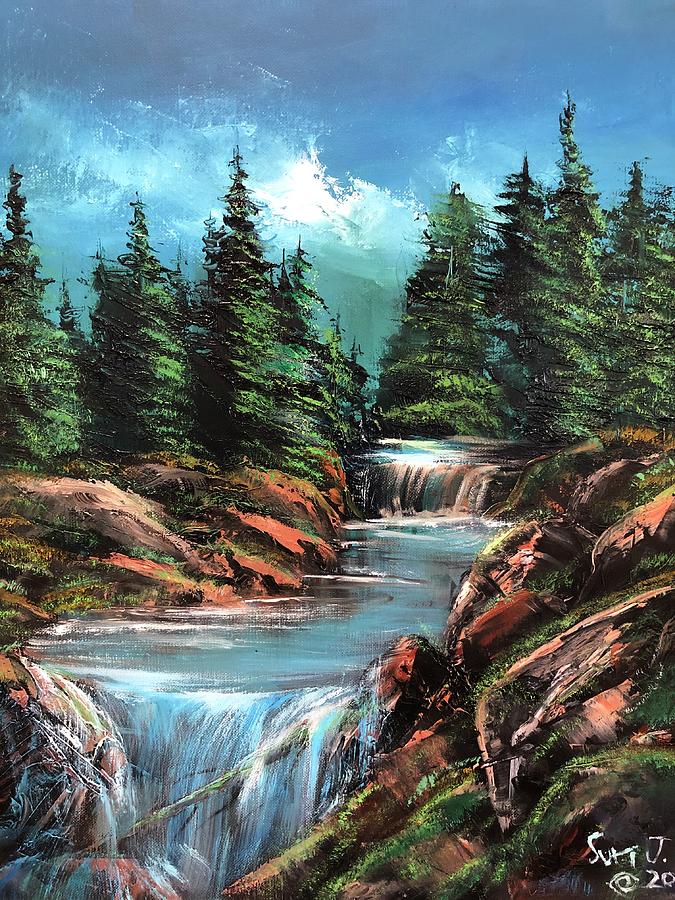 Forest and waterfall Painting by Soham Jhaveri