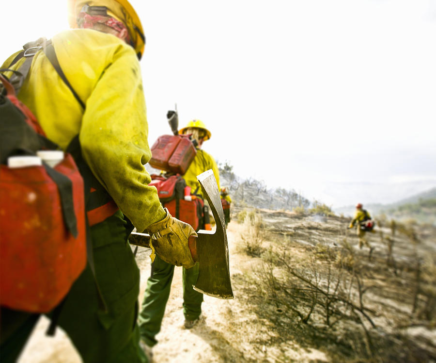 Forest firefighters walking with pickaxes, rear view Photograph by Tyler Stableford