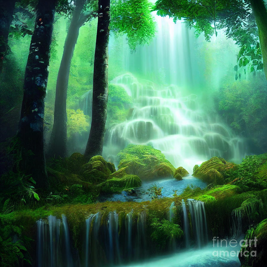 Forest Glade Waterfall Digital Art by Eva Sawyer
