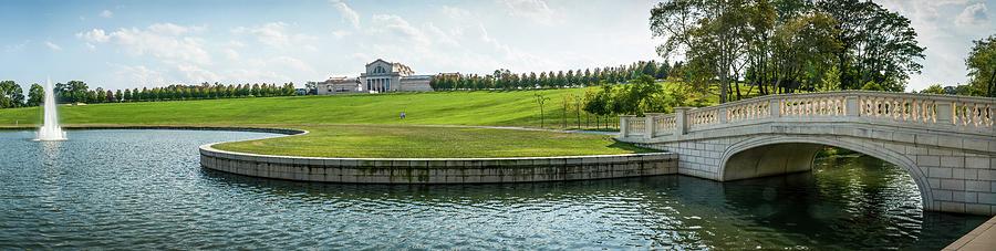 Forest Park Pond Panorama with Fountain and Bridge Photograph by David Coblitz