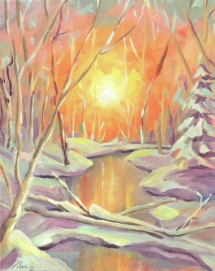 Winter Painting - Forest Sunrise Oil Sketch by Nancy Griswold