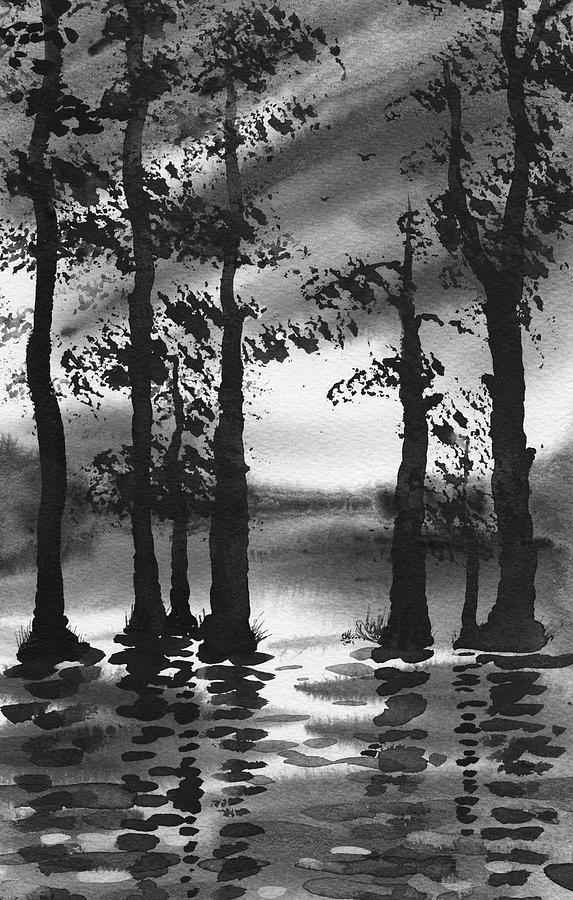 Forest Trees Silhouette In Black White And Gray Watercolor  Painting by Irina Sztukowski