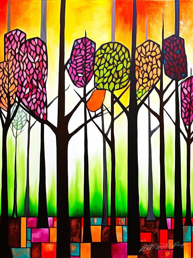 Abstract Digital Art - Forest View - Colorful Forest Trees by Sykart Designs