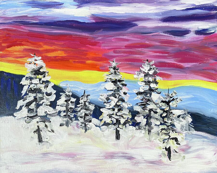 Forest Winter Sunset Painting by Judy Dimentberg