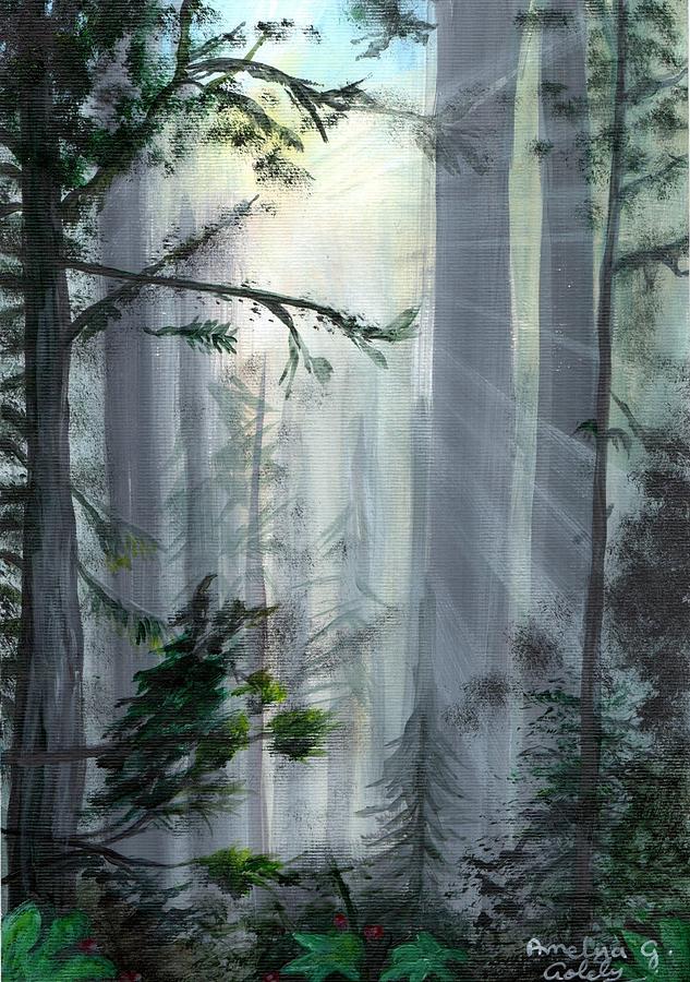 Forest With Sunlight Burst Painting By Amelya Goldy