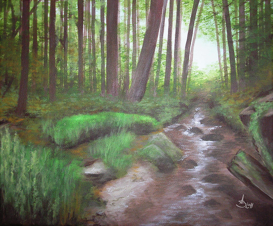 Calm Creek in the Peaceful Forest Painting, with Moss and Little Rocks Painting by Aneta Soukalova