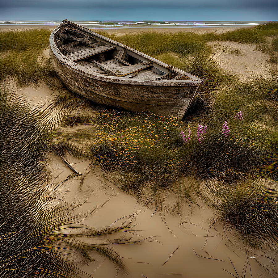 Forgotten by the Sea -  Abandoned Boat in Wildflower Haven Digital Art by Russ Harris