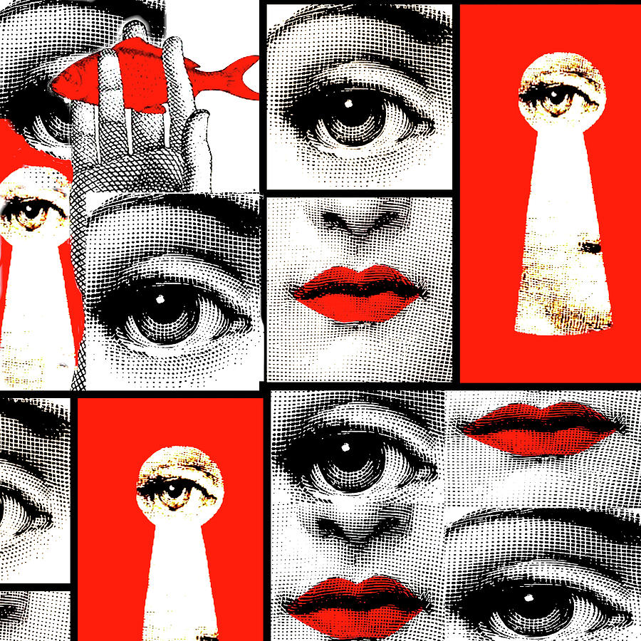 Fornasetti Collage eys,lips, keyholw, Red Digital Art by Kasey Jones