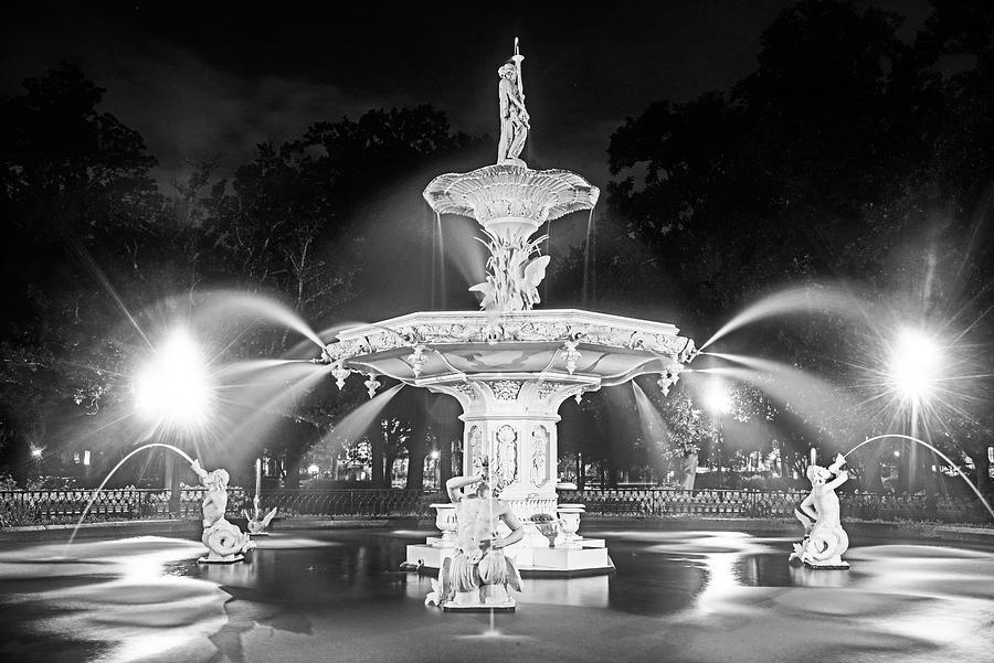 Fountain Photograph - Forsyth Park Fountain Savannah Georgia at Night Black and White by Toby McGuire