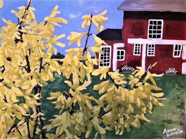 Spring Painting - Forsythia and the Red House by Agnieszka Gerwel