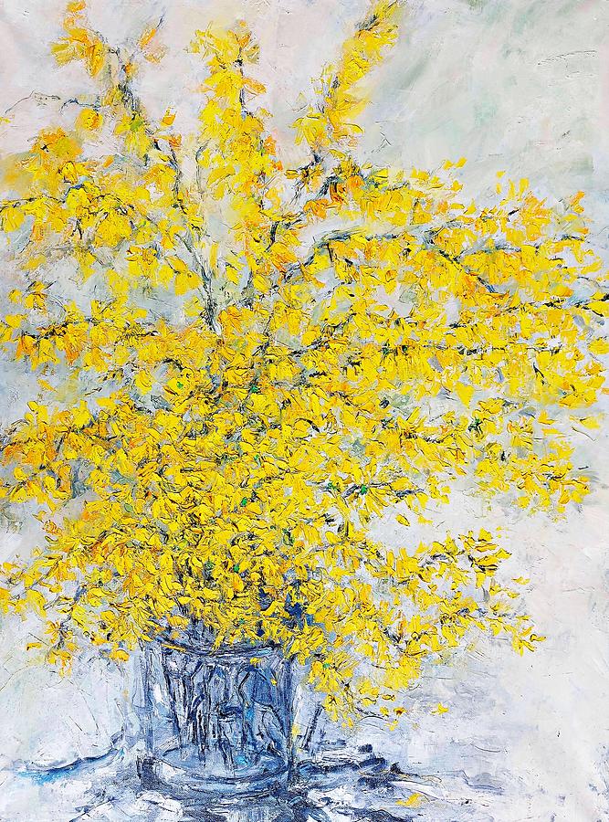 Forsythia Flowers in a Glass Vase Painting by Amalia Suruceanu