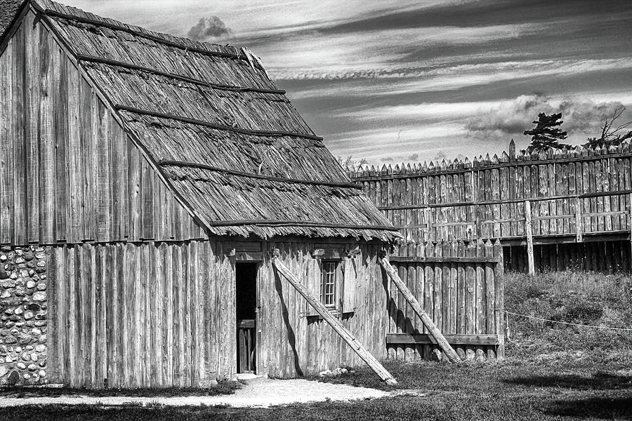Fort Michilimackinac Building and Fence BW 060122 Photograph by Mary Bedy