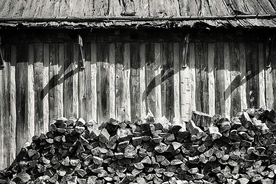 Fort Michilimackinac Building w Firewood BW 060322 Photograph by Mary Bedy