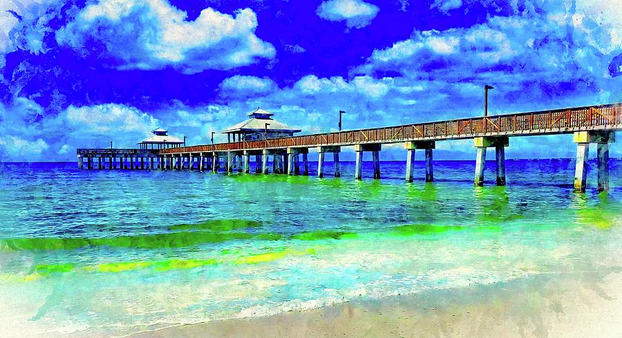Fort Myers Beach pier - watercolor ink painting by Nicko Prints