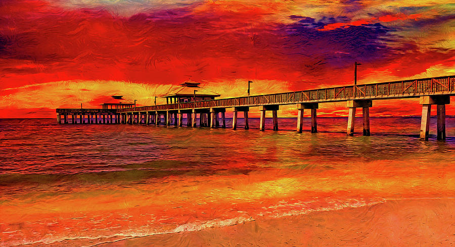 Fort Myers fishing pier at sunset - digital painting Digital Art by Nicko Prints