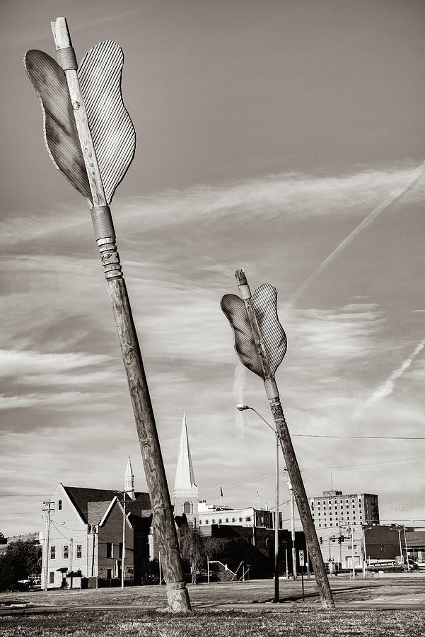 Fort Smith Giant Wooden Arrows And Cityscape In Sepia Photograph by Gregory Ballos