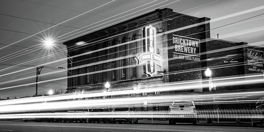 Fort Smith Light Trails And Brewery Neon - Monochrome Panorama Photograph by Gregory Ballos