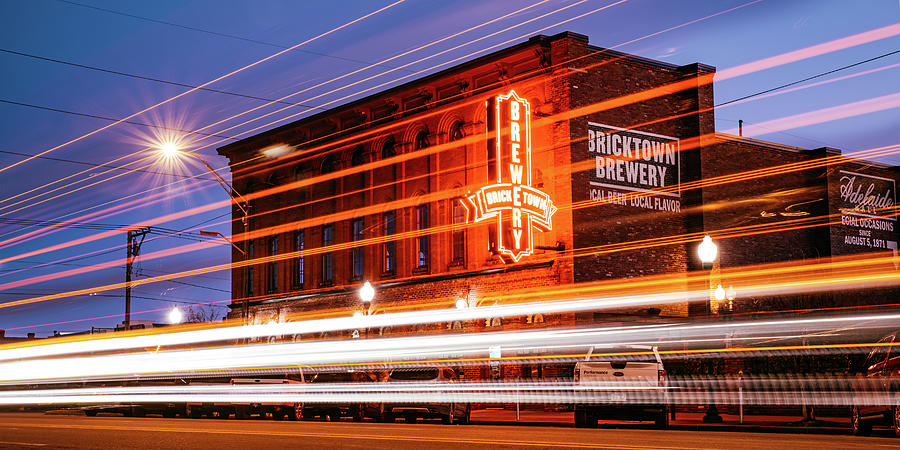 Fort Smith Light Trails And Brewery Neon Panorama Photograph by Gregory Ballos