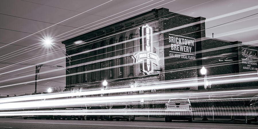Fort Smith Light Trails And Brewery Neon - Sepia Panorama Photograph by Gregory Ballos