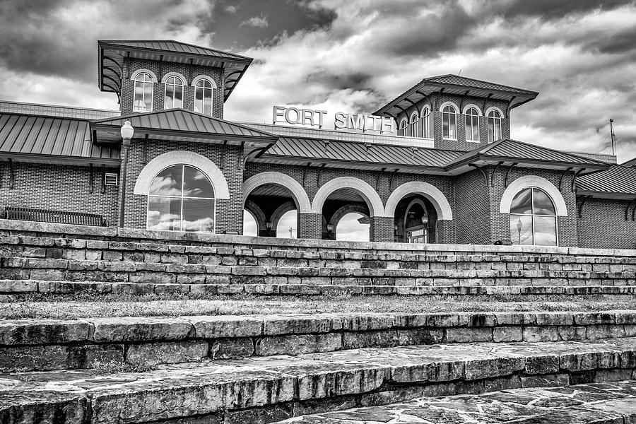 Fort Smith Riverfront Building From The Amphitheater - Black and White Photograph by Gregory Ballos
