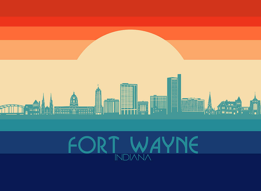 Fort Wayne skyline retro rainbow Digital Art by Bekim M