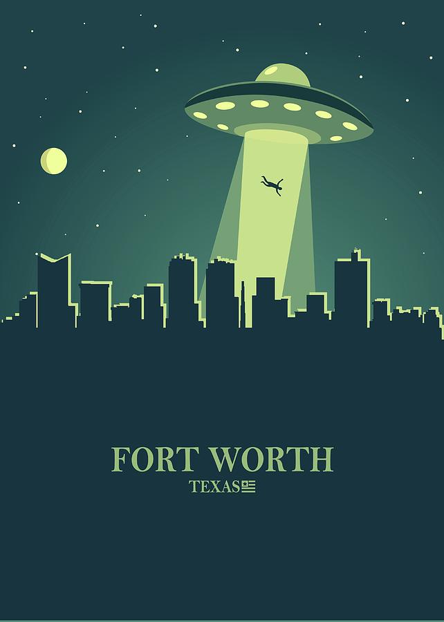 Fort Worth City Skyline Ufo Night Digital Art