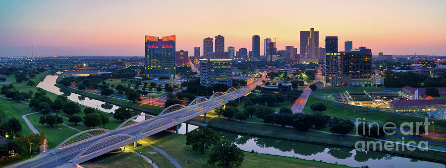 Fort Worth Skyline at Dawn Pano Photograph by Bee Creek Photography - Tod and Cynthia