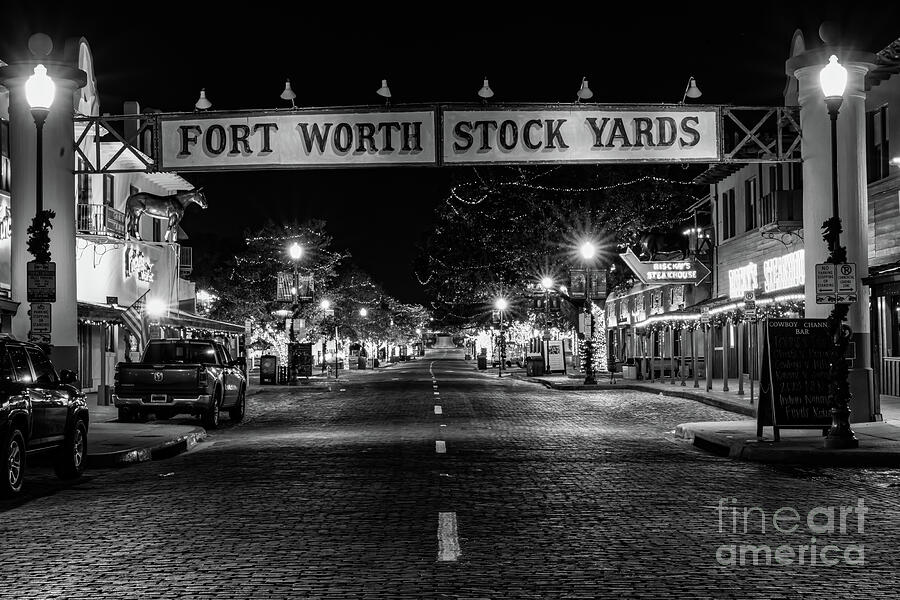 Fort Worth Photograph - Fort Worth Stock Yards After Dark BW by Bee Creek Photography - Tod and Cynthia