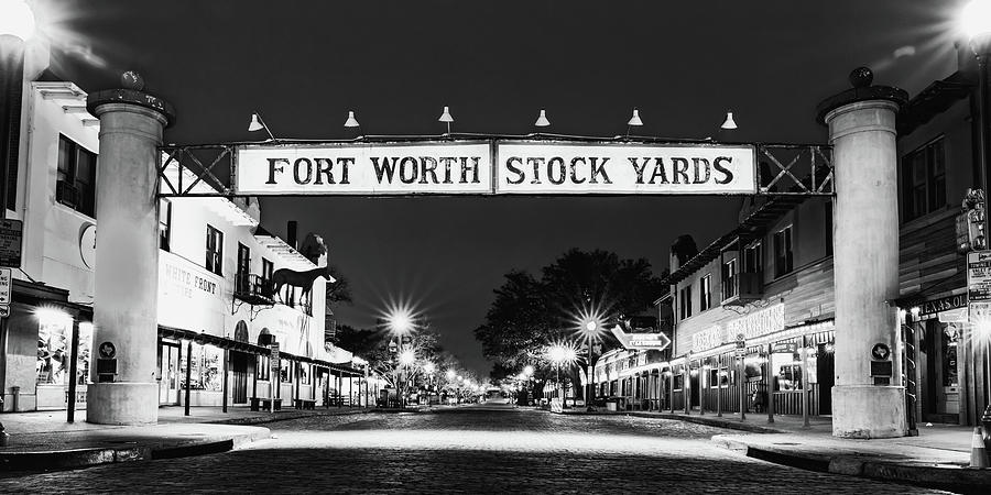 Fort Worth Stockyards Sign And Skyline Panorama - Black And White Photograph by Gregory Ballos